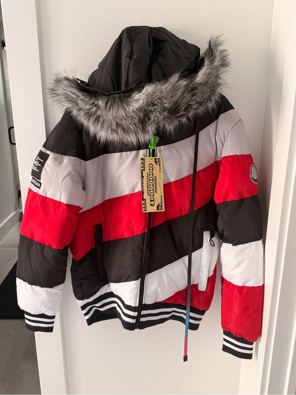 Hardsoda Million Dollar Geometric Puffer Jacket Fur Hood Men's Size XXL NWT